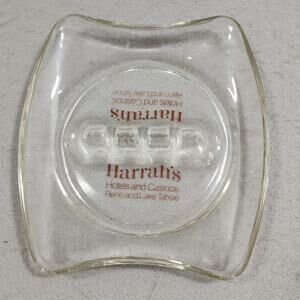 HARRAHS Hotels & Casinos Reno And Lake Tahoe Red Print 3 Notch Clear Ashtray